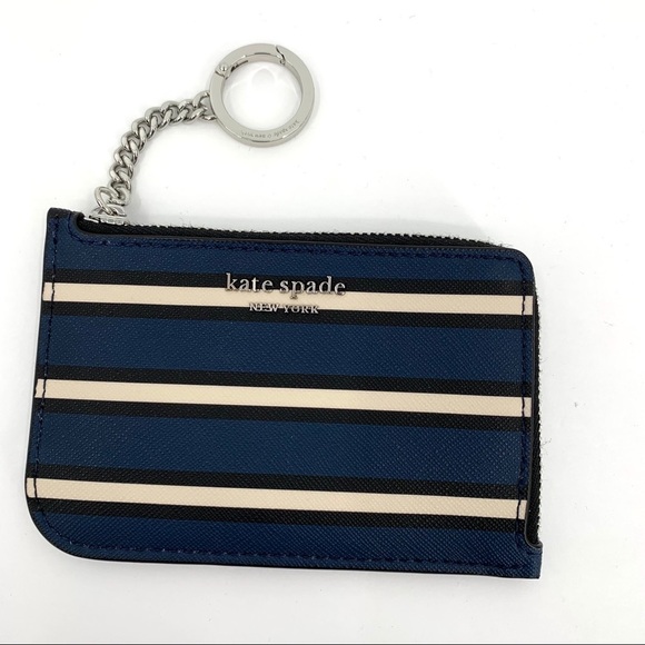 Kate Spade Cameron medium L-zip York stripe card holder keyring blue black new - Picture 5 of 6